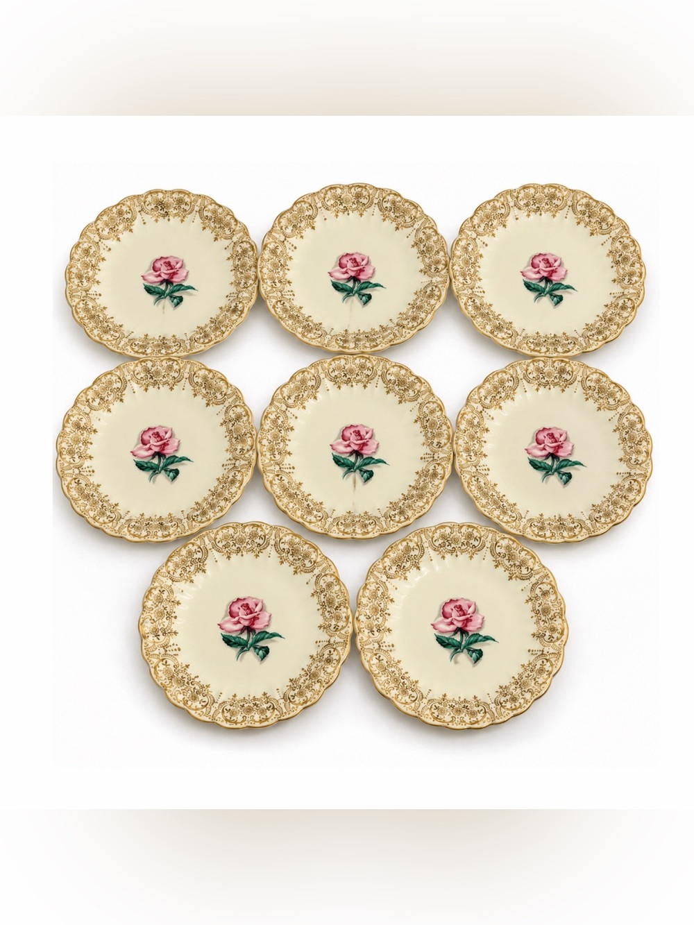 American Limoges Le Fleur Rouge 22K Gold 6.5” Plates Set of 8 Vintage Table Deco